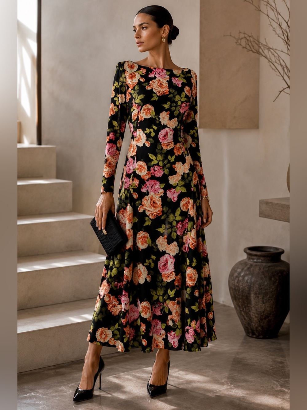 NWT Alexia Admor Elodie Floral Fit & Flare Midi Dress Black Floral Sz 8